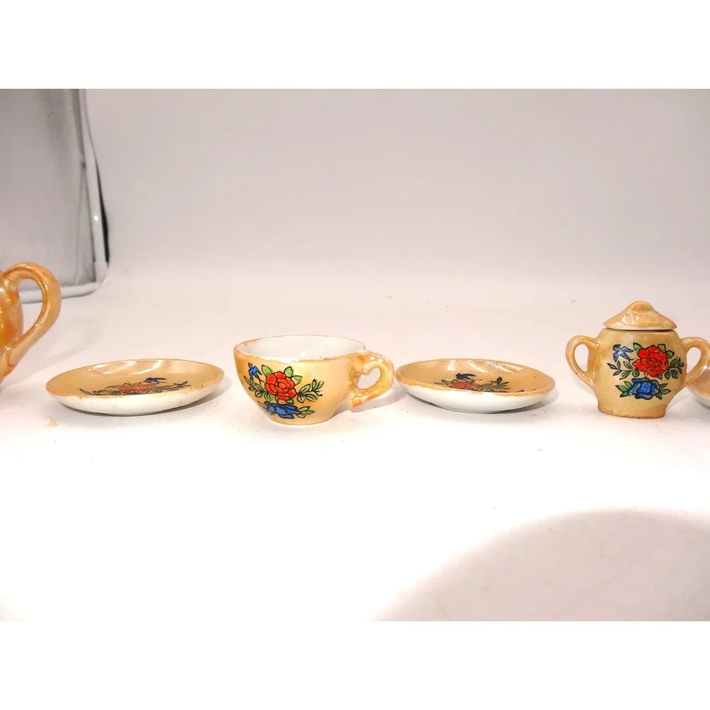 Vintage Lusterware Childs Floral Porcelain 10 Piece Orange/Peach &‎ Blue TeaSet